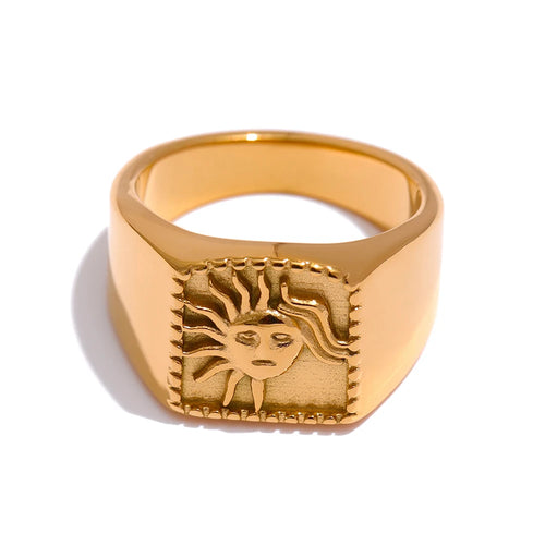 Yhpup Sun Abstract Ring Stainless Steel Golden Texture Metal Geometric Trendy Charm Jewelry украшения  бижутерия Party