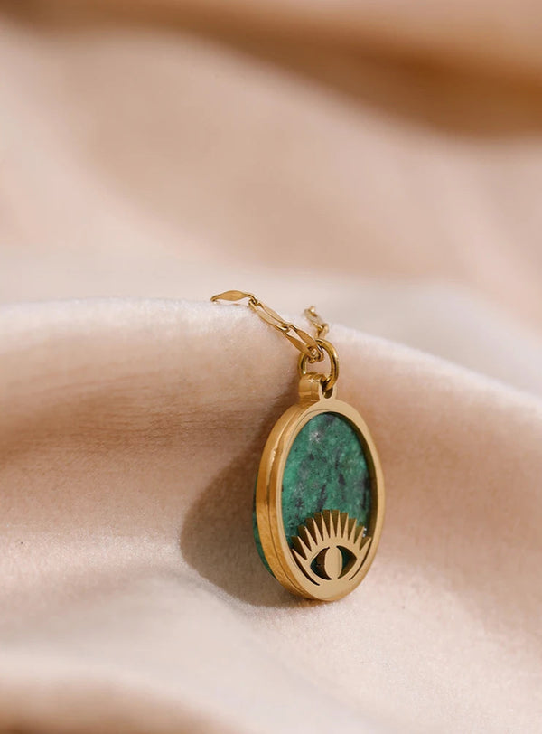 Yhpup Green Natural Stone Eye Pendant Necklace Stainless Steel Collar Trendy Necklace Jewelry цепочка на шею женская Gift