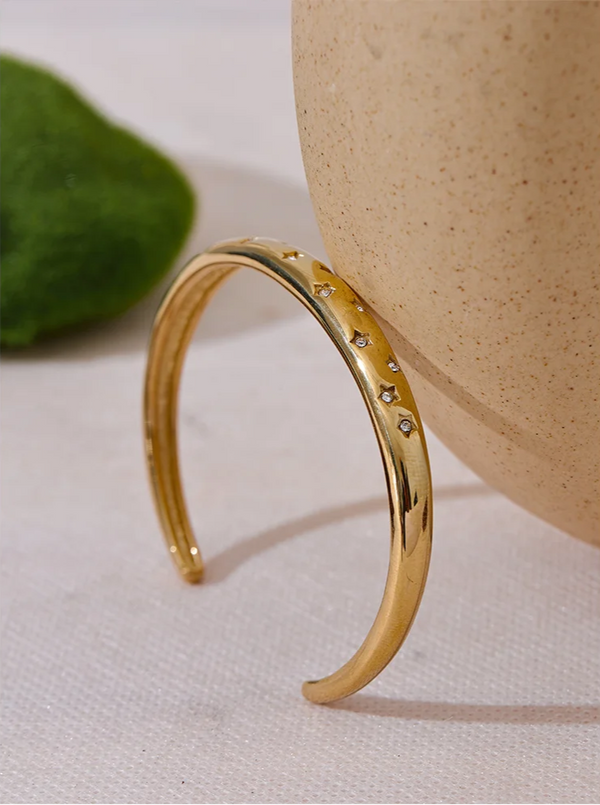 Yhpup Delicate Inlaid Cubic Zirconia Stainless Steel Star Metal Cuff Open Bracelet Bangle 18K PVD Plated Charm Jewelry Gift