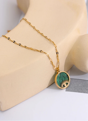 Yhpup Green Natural Stone Eye Pendant Necklace Stainless Steel Collar Trendy Necklace Jewelry цепочка на шею женская Gift