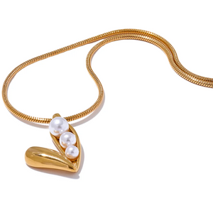 Yhpup Trendy Stainless Steel Imitation Pearls Heart Love Pendant Necklace Water Resistant Gold Color Fashion Collar Jewelry