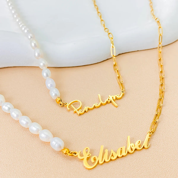 eManco Stainless Steel Paperclip Chain ,Beads Customized Name Pendant Ladies Freshwater Pearl Necklace Wholesale