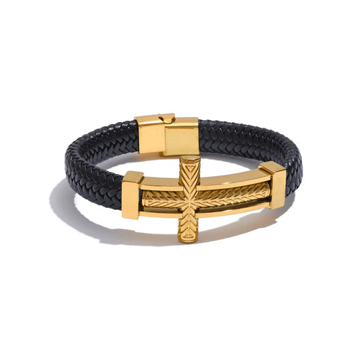 Valor – Läderarmband med guldkors i rostfritt stål