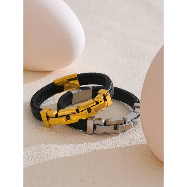 Aurum – Guldpläterat armband i rostfritt stål och flätat läder