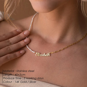 eManco Stainless Steel Paperclip Chain ,Beads Customized Name Pendant Ladies Freshwater Pearl Necklace Wholesale