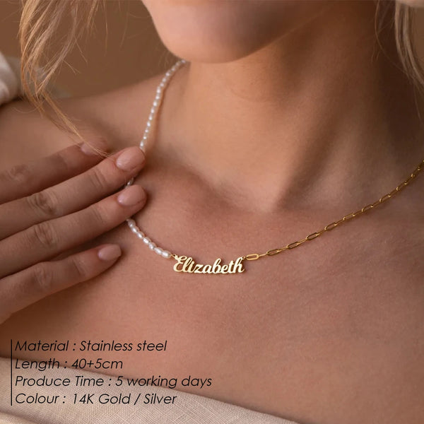 eManco Stainless Steel Paperclip Chain ,Beads Customized Name Pendant Ladies Freshwater Pearl Necklace Wholesale