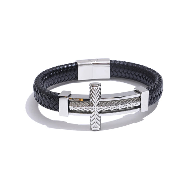 Valor – Läderarmband med guldkors i rostfritt stål