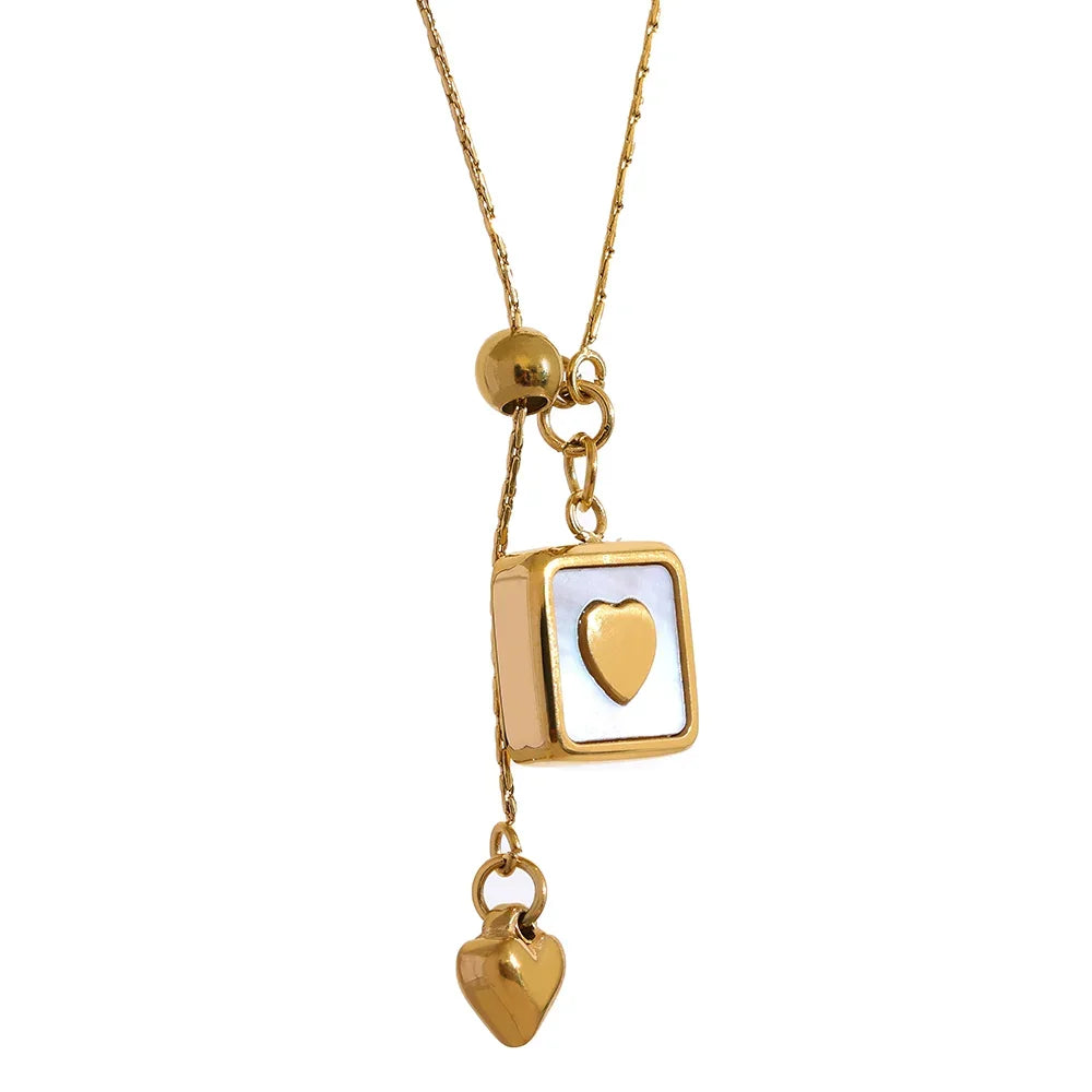 Yhpup Stylish Square Heart Shell Pendant Stainless Steel Romantic Necklace Women Statement 18k Gold Plated Waterproof Jewelry