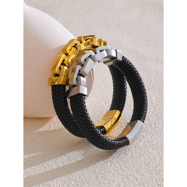 Aurum – Guldpläterat armband i rostfritt stål och flätat läder