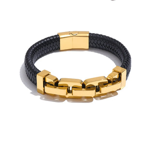 Aurum – Guldpläterat armband i rostfritt stål och flätat läder