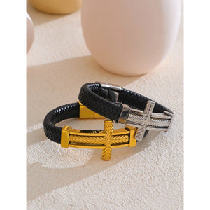 Valor – Läderarmband med guldkors i rostfritt stål