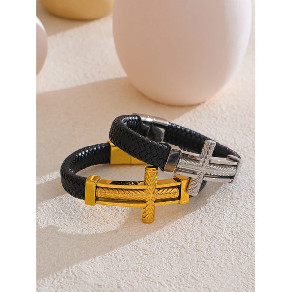 Valor – Läderarmband med guldkors i rostfritt stål
