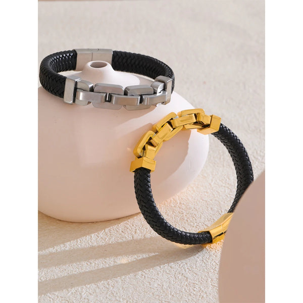 Aurum – Guldpläterat armband i rostfritt stål och flätat läder
