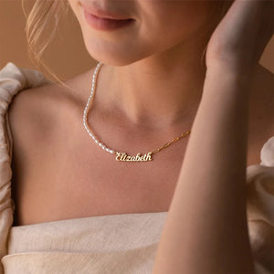 eManco Stainless Steel Paperclip Chain ,Beads Customized Name Pendant Ladies Freshwater Pearl Necklace Wholesale