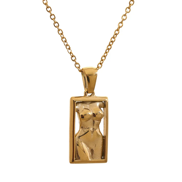 Yhpup Statement Body Square Pendant Stainless Steel Statement Necklace Gold Color Texture Metal Personalized Jewelry