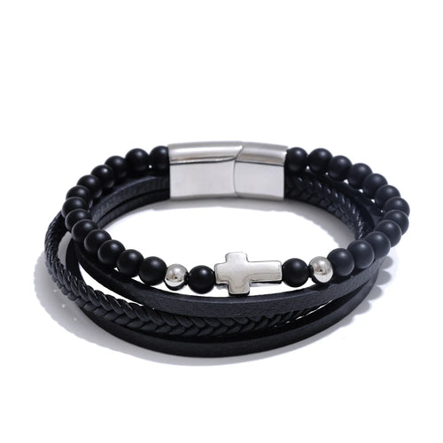 Trinity Cross – Armband i svart läder med gulddetaljer