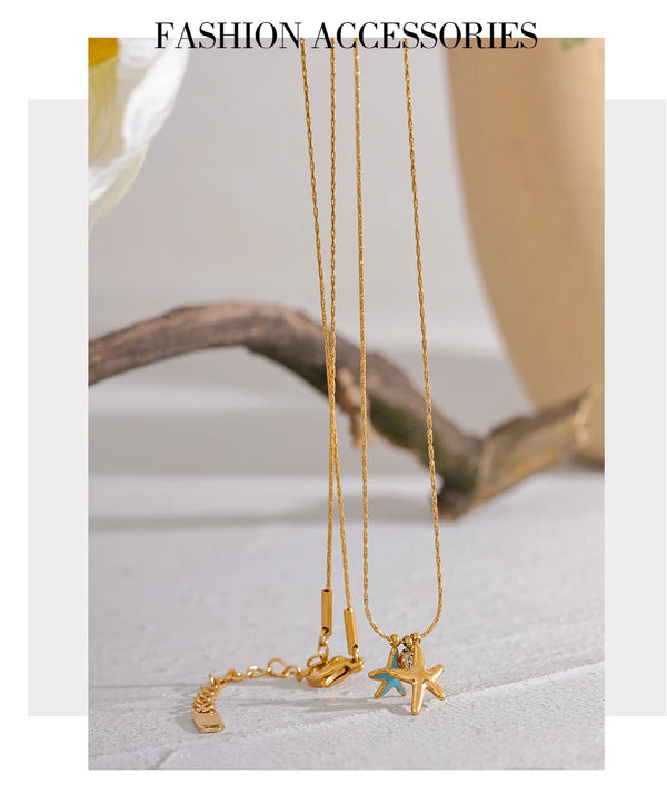 Yhpup Summer Starfish CZ Pendant Stainless Steel Stylish Necklace for Girl Cute Gold Color Waterproof Chic Jewelry Party Gift