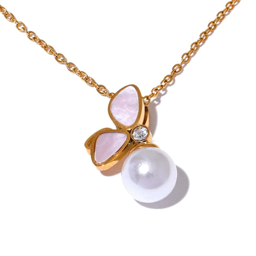 Yhpup Exquisite Natural Shell Butterfly Imitation Pearl Pendant Necklace Stainless Steel Korean Chic Fashion Daily Jewelry Gift