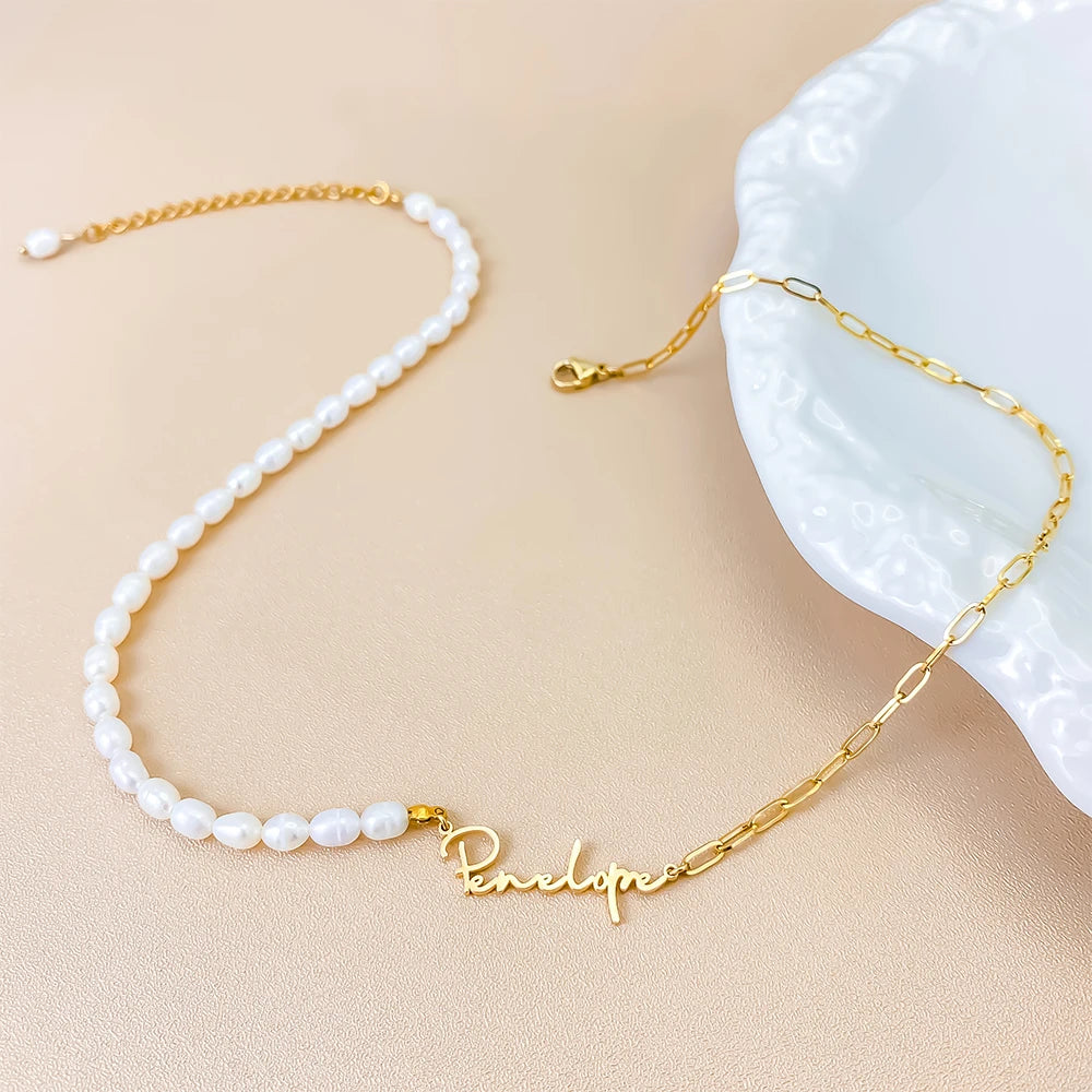 eManco Stainless Steel Paperclip Chain ,Beads Customized Name Pendant Ladies Freshwater Pearl Necklace Wholesale
