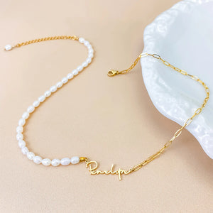 eManco Stainless Steel Paperclip Chain ,Beads Customized Name Pendant Ladies Freshwater Pearl Necklace Wholesale