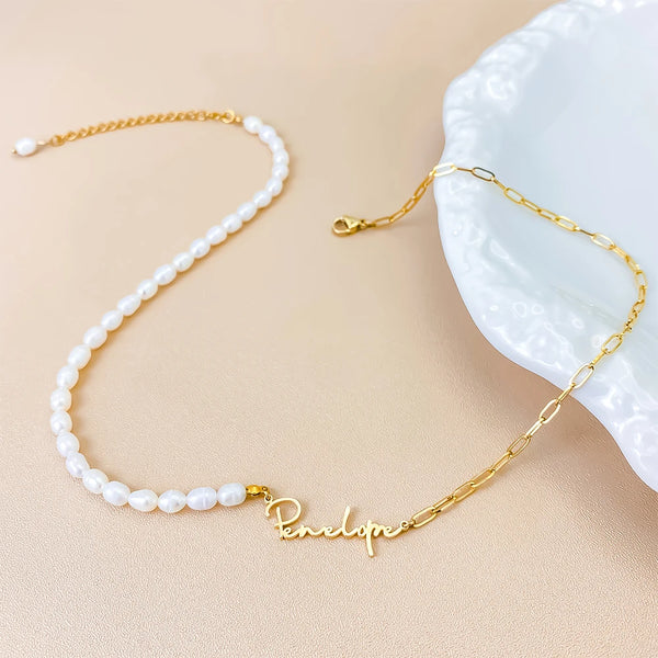 eManco Stainless Steel Paperclip Chain ,Beads Customized Name Pendant Ladies Freshwater Pearl Necklace Wholesale