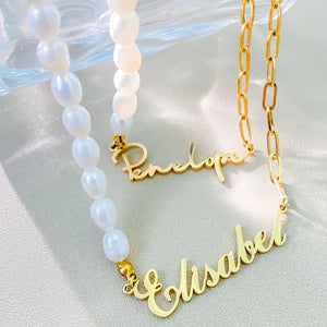 eManco Stainless Steel Paperclip Chain ,Beads Customized Name Pendant Ladies Freshwater Pearl Necklace Wholesale