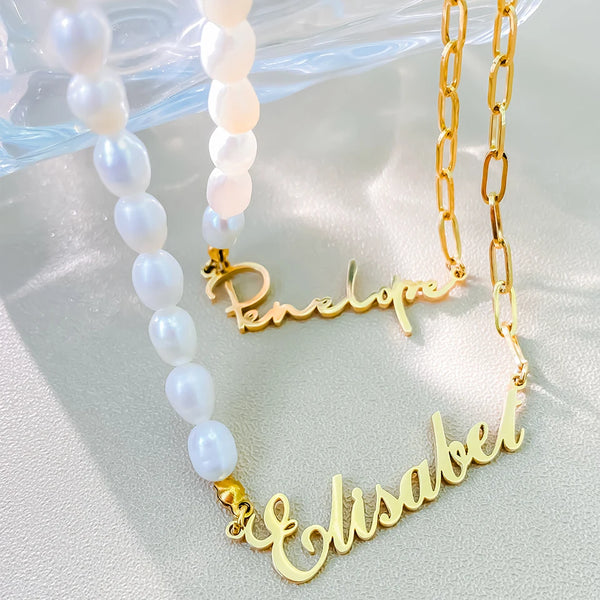 eManco Stainless Steel Paperclip Chain ,Beads Customized Name Pendant Ladies Freshwater Pearl Necklace Wholesale