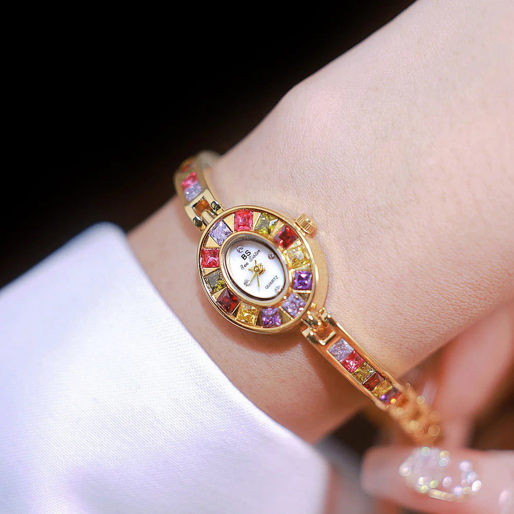 Luxury Women Watches High Quality Colorful Diamonds Dial Bracelet Ladies Watch Fashion Small Gold Quartz Wristwatches Gifts