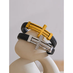 Valor – Läderarmband med guldkors i rostfritt stål