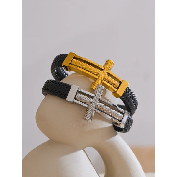 Valor – Läderarmband med guldkors i rostfritt stål